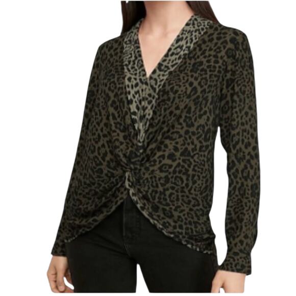 NEW EXPRESS Draped V-Neck Blouse Top Medium Green Black Animal Print Career Work - Picture 1 of 9